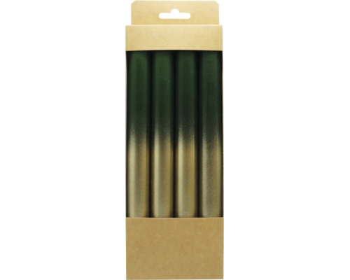 Vier Stabkerzen mit Farbverlauf von Dunkelgrün zu Gold in einer Kartonverpackung.
