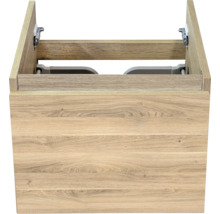 Meuble sous-lavabo de salle de bain en bois avec un tiroir et des rails métalliques.