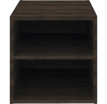 Kleines Holzregal mit zwei offenen Fächern in dunkler Holzoptik.