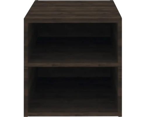 Kleines Holzregal mit zwei offenen Fächern in dunkler Holzoptik.