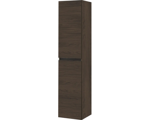 Armoire de salle de bain haute en aspect bois foncé avec deux portes sans poignée.