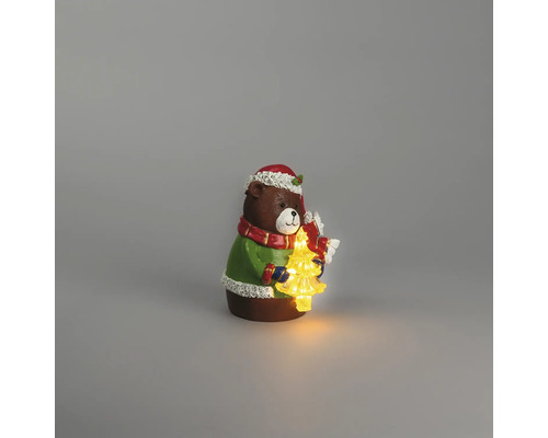 Figurine de Noël ours avec sapin de Noël lumineux, bonnet d'hiver et écharpe.