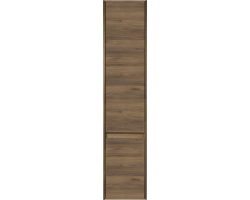 Armoire haute aspect bois avec veinage horizontal et poignée intégrée.