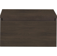 Waschbeckenunterschrank in dunkler Holzoptik mit horizontaler Maserung und grifflosem Design.