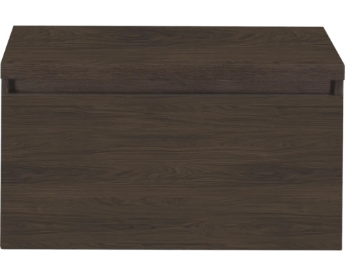 Waschbeckenunterschrank in dunkler Holzoptik mit horizontaler Maserung und grifflosem Design.