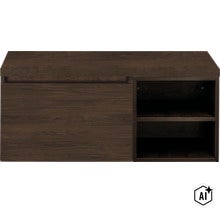 Hängeschrank mit Holzoptik und offenem Regalteil für Badezimmer oder Wohnraum (Image AI modified or generated)