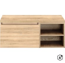 Lowboard aus Holzwerkstoff in Eichenoptik mit Schiebetür und zwei offenen Regalfächern (Image AI modified or generated)