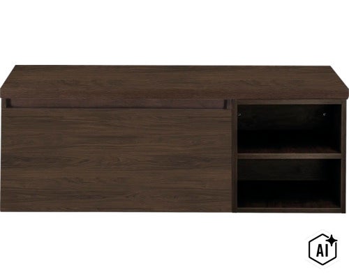 Wandschrank mit Schiebetür und zwei offenen Ablagefächern in Holzoptik (Image AI modified or generated)