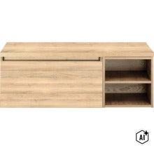 Sideboard aus Holzwerkstoff mit Schiebetür und offenem Regalbereich in Eichenoptik (Image AI modified or generated)