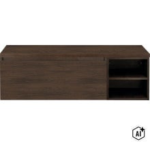 Wandhängender Waschtischunterschrank in Holzoptik mit einer grossen Schublade und einem offenen seitlichen Regal mit zwei Fächern. (Image AI modified or generated)