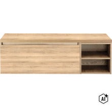 Hängeschrank in Holzoptik mit einer Schiebetür und zwei offenen Fächern zur Wandmontage. (Image AI modified or generated)