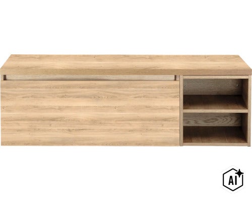 Hängeschrank in Holzoptik mit einer Schiebetür und zwei offenen Fächern zur Wandmontage. (Image AI modified or generated)