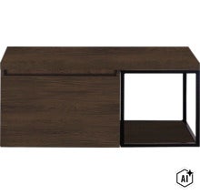 Moderner Wohnzimmertisch mit dunkler Holzoptik und offenem Regalmodul mit Metallrahmen (Image AI modified or generated)