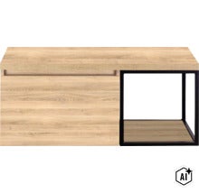 Sideboard in Eichenoptik mit einem offenen Fach und einem schwarzen Metallrahmen (Image AI modified or generated)