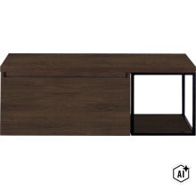 Moderner Couchtisch mit Holzoptik und offenem Ablagefach sowie Metallgestell. (Image AI modified or generated)
