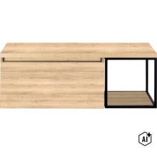 Wohnzimmer Sideboard mit Holzoptik Oberfläche und offenem Regalmodul mit Metallrahmen (Image AI modified or generated)
