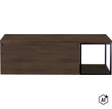 Sideboard mit Holzmaserung und offenem Metallregal in rechteckigem Design (Image AI modified or generated)