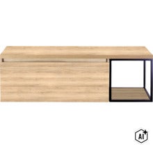 Hängeschrank mit Holzoptik Front und einem offenen Fach mit Metallrahmen zur Wandmontage. (Image AI modified or generated)