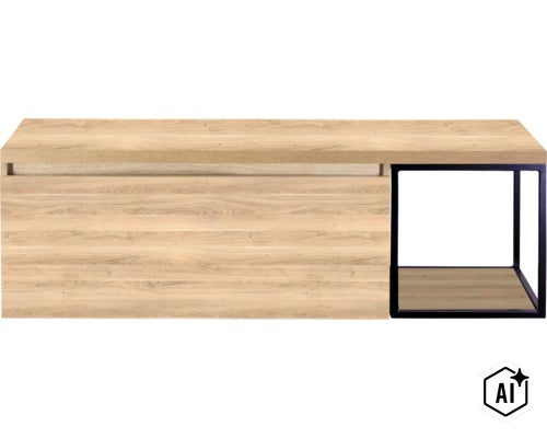 Hängeschrank mit Holzoptik Front und einem offenen Fach mit Metallrahmen zur Wandmontage. (Image AI modified or generated)