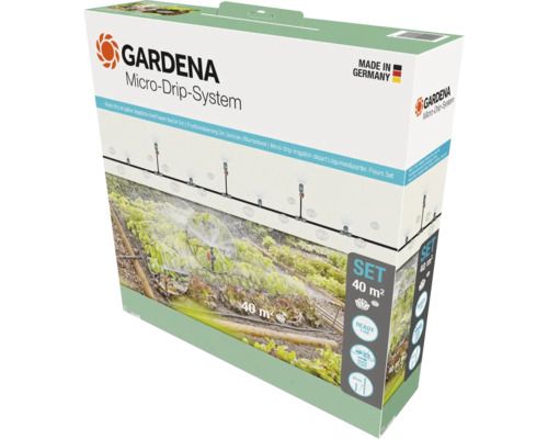 Gardena Micro-Drip-System Tropfbewässerung Set für Gemüsebeete und Blumenbeete bis zu 40 Quadratmeter, hergestellt in Deutschland. Gardena Logo.