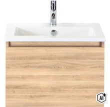 Waschtisch mit Unterschrank in Holzoptik und integriertem Waschbecken inklusive Armatur (Image AI modified or generated)