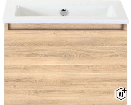 Waschtisch mit Unterschrank in Holzoptik und einem integrierten Waschbecken aus Keramik. (Image AI modified or generated)