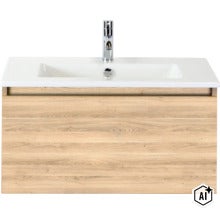 Waschtisch mit Unterschrank in Holzoptik und Wasserhahn (Image AI modified or generated)