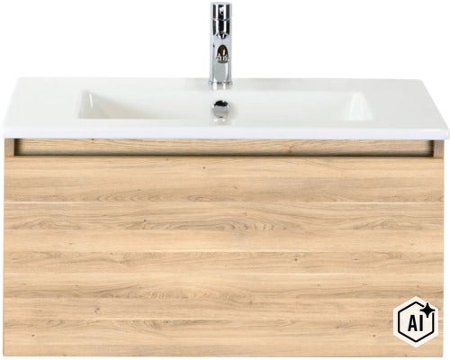 Waschtisch mit Unterschrank in Holzoptik und Wasserhahn (Image AI modified or generated)