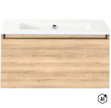 Waschtischunterschrank mit weißem Keramikwaschbecken in Holzoptik (Image AI modified or generated)