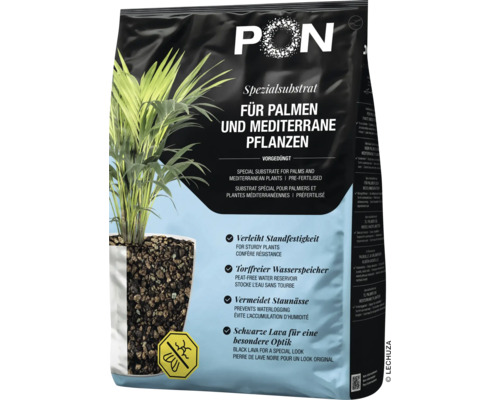 Substrat spécial Lechuza-Pon pour palmiers et plantes méditerranéennes, pré-fertilisé et sans tourbe, avec lave noire.