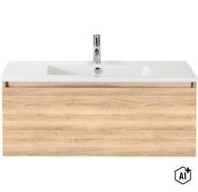 Waschtisch mit Holzoptik Unterschrank und integrierter Waschtischarmatur (Image AI modified or generated)