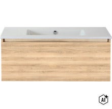 Waschtischunterschrank mit aufgesetztem Waschbecken in Holzoptik (Image AI modified or generated)