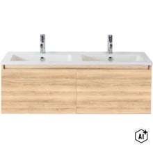 Doppelwaschtisch mit Holzoptik Unterschrank und zwei Armaturen für das Badezimmer (Image AI modified or generated)
