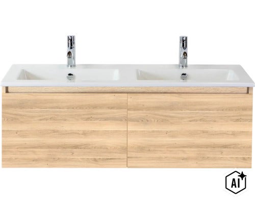 Doppelwaschtisch mit Holzoptik Unterschrank und zwei Armaturen für das Badezimmer (Image AI modified or generated)