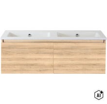Doppelwaschtisch mit Unterschrank in Holzoptik mit zwei Waschbecken und zwei Türen zur Wandmontage im Badezimmer. (Image AI modified or generated)