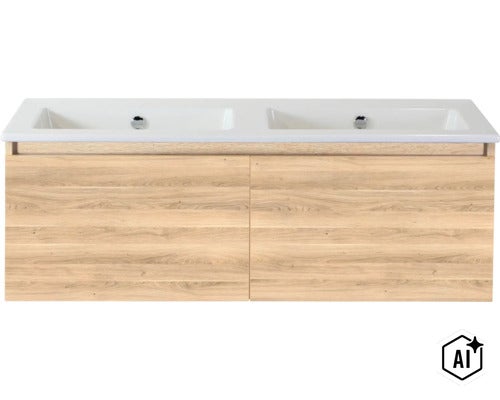 Doppelwaschtisch mit Unterschrank in Holzoptik mit zwei Waschbecken und zwei Türen zur Wandmontage im Badezimmer. (Image AI modified or generated)