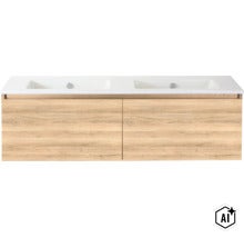 Doppelwaschtisch mit Unterschrank in Holzoptik und zwei integrierten Waschbecken für das Badezimmer. (Image AI modified or generated)