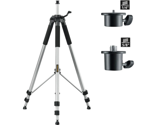 Laserliner VarioStand Stativ mit 1/4 Zoll und 5/8 Zoll Gewindeadapter, verstellbare Beine und Kurbelsäule.