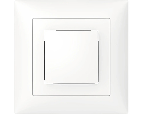Weisser Lichtschalter mit einer Wippe und quadratischem Rahmen.