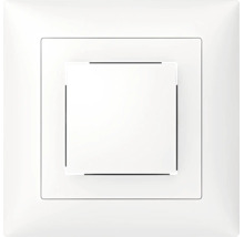 Weisser, quadratischer Lichtschalter aus Kunststoff mit Wippe und Abdeckrahmen.
