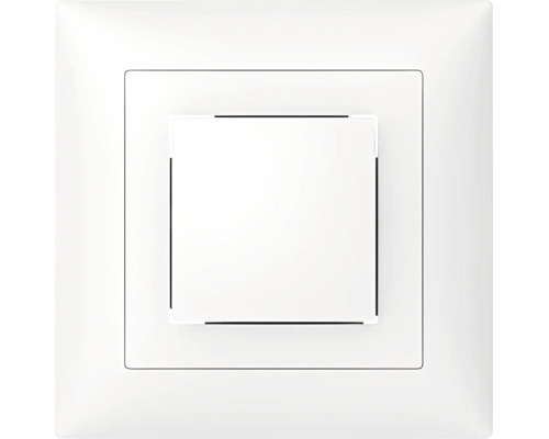 Weisser, quadratischer Lichtschalter aus Kunststoff mit Wippe und Abdeckrahmen.