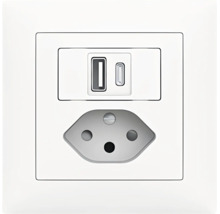 Weisse Steckdose mit USB-A- und USB-C-Anschlüssen, Typ J.