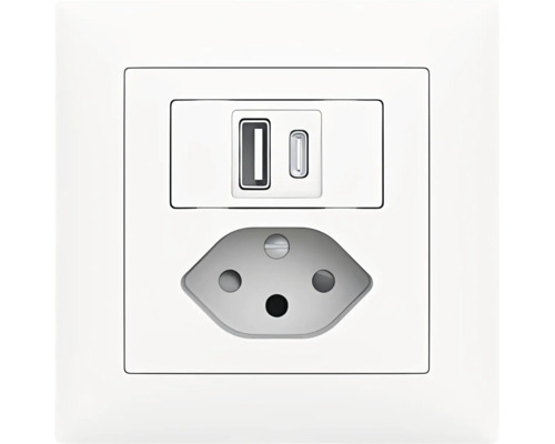Weisse Steckdose mit USB-A- und USB-C-Anschlüssen, Typ J.
