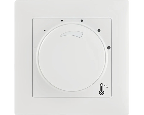 Raumthermostat aus Kunststoff mit großem Drehregler, Einstellpunkten und Thermometer-Symbol für Grad Celsius.