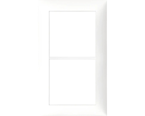 Weißer Abdeckrahmen zweifach für Schalter und Steckdosen aus Kunststoff.