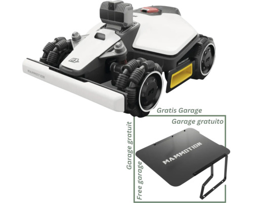 Tondeuse robot Mammotion à quatre roues motrices avec abri de protection type garage inclus.
