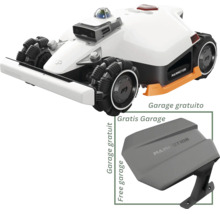 Robot tondeuse Mammotion avec traction intégrale et roues omnidirectionnelles incluant un abri gratuit.