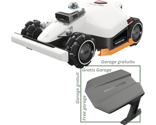 Robot tondeuse Mammotion avec traction intégrale et roues omnidirectionnelles incluant un abri gratuit.
