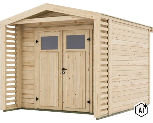 Abri de jardin en bois avec double porte, fenêtres et parois latérales à lamelles comme espace de rangement pour le jardin. (Image AI modified or generated)