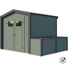 Abri de jardin en bois avec doubles portes et extension intégrée pour le rangement ou comme jardinière pour l'extérieur. (Image AI modified or generated)